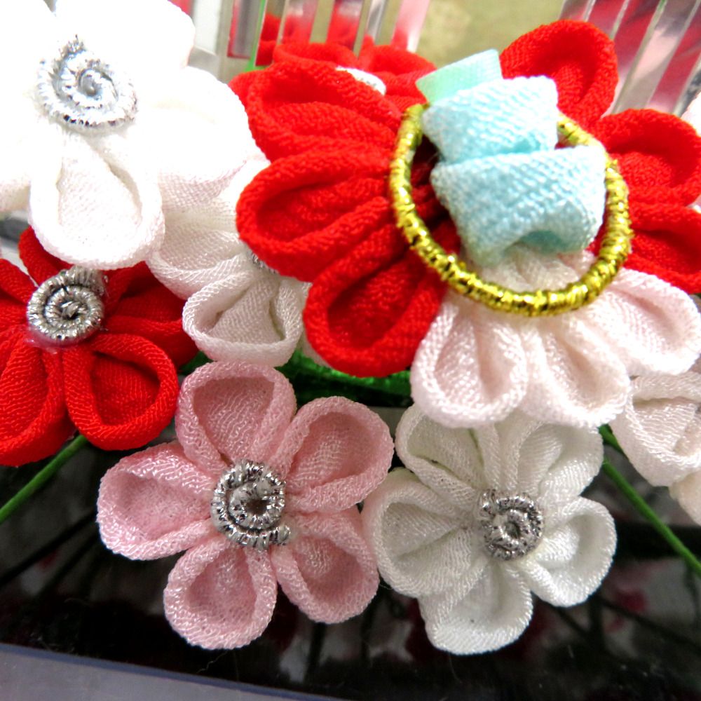 髪飾り かんざし つまみ細工 丸つまみ 勝山かんざし 3点セット 赤 ピンク 白 花 女児用 和装 ヘアセット 七五三 お正月 ひな祭り ♥品