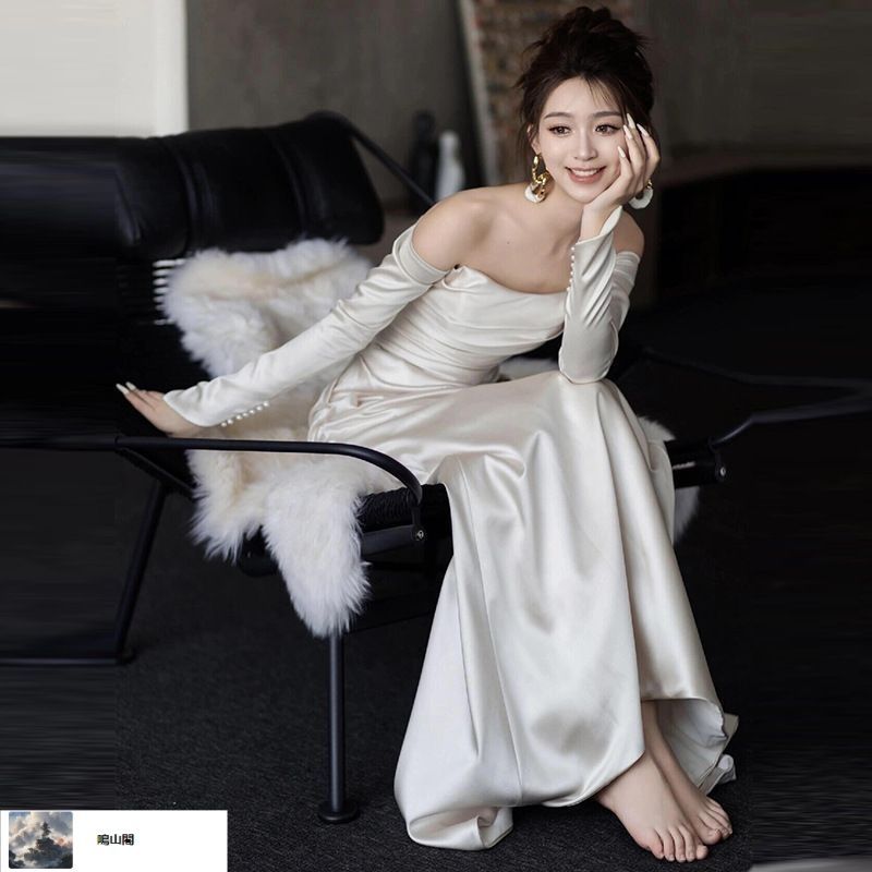 レディース 夏 気質優雅 小トレーン ウェディング風ドレス 白 長袖 サテン風 一字肩 フォト婚 礼服 旅撮 ss ♥