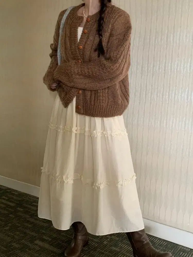 メルラウンジ モヘア ブラウン ケーブル編み カーディガン