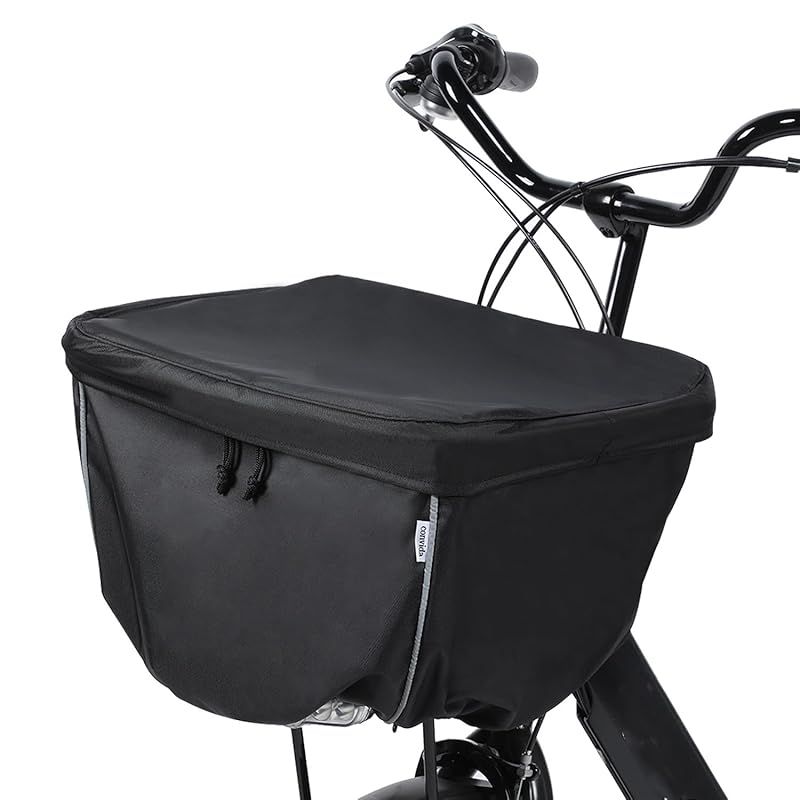 Convida 自転車 カゴカバー 前 防水 2段式 厚手 600Dナイロン 反射帯付き 撥水加工 ファスナー両開き 雨よけ 電動アシスト車対応 (11757-ブラック) 0