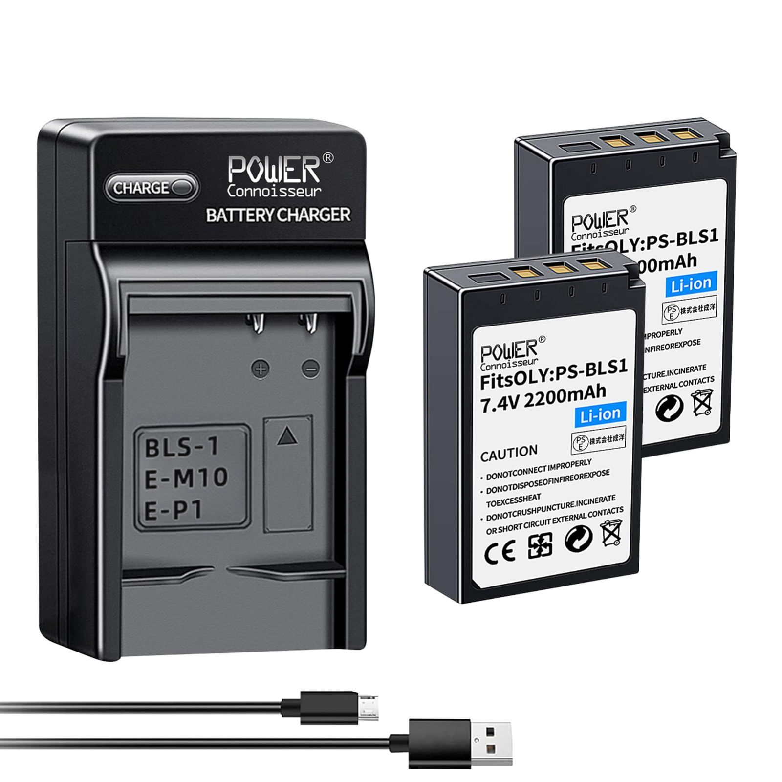BLS-50/BLS-5/BLS-1 7.4V 2200mAh 「Power-connoisseur」Olympus 交換バッテリー(2個)+互換 BLS-50/BLS-5/BLS-1 USB 充電器 セットE-P3カメラ 対応