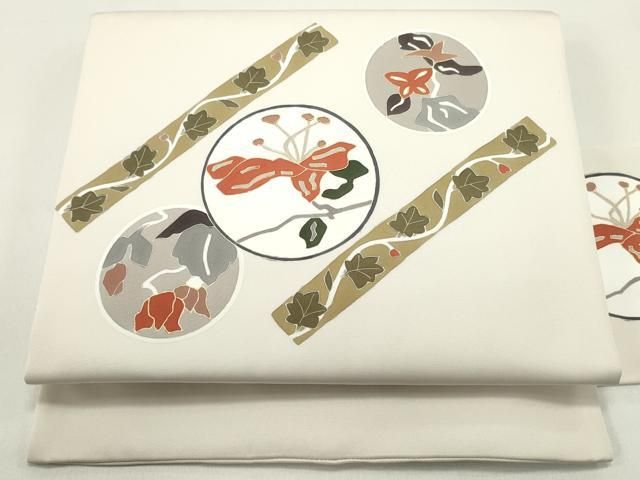 平和屋着物●塩瀬　九寸名古屋帯　駒刺繍　型染め　蔦の葉丸文　素色　金彩　正絹　逸品　DAAY0067ob 平和屋着物○塩瀬 九寸名古屋帯 駒刺繍 型染め 蔦の葉丸文 素色 金彩