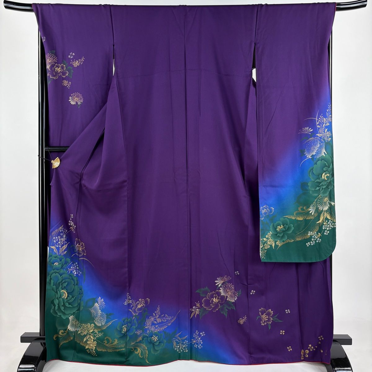 振袖 身丈169.5cm 裄丈69.5cm L 袷 牡丹 草花 金彩 染め分け 紫 正絹 秀品