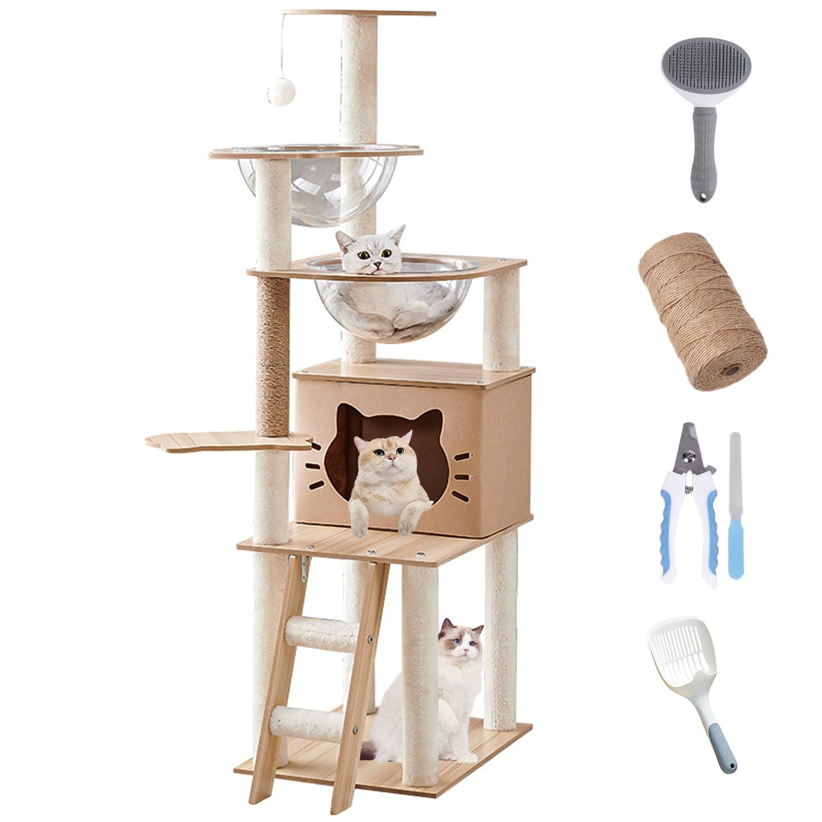 展望台 猫スクラッチボード 木製トタワー 据え置き型 猫おもちゃボール ねこハウス 猫ハウス 爪研ぎポール 爪とぎ麻紐 省スペース 運動不足解消 組立簡単 安定性