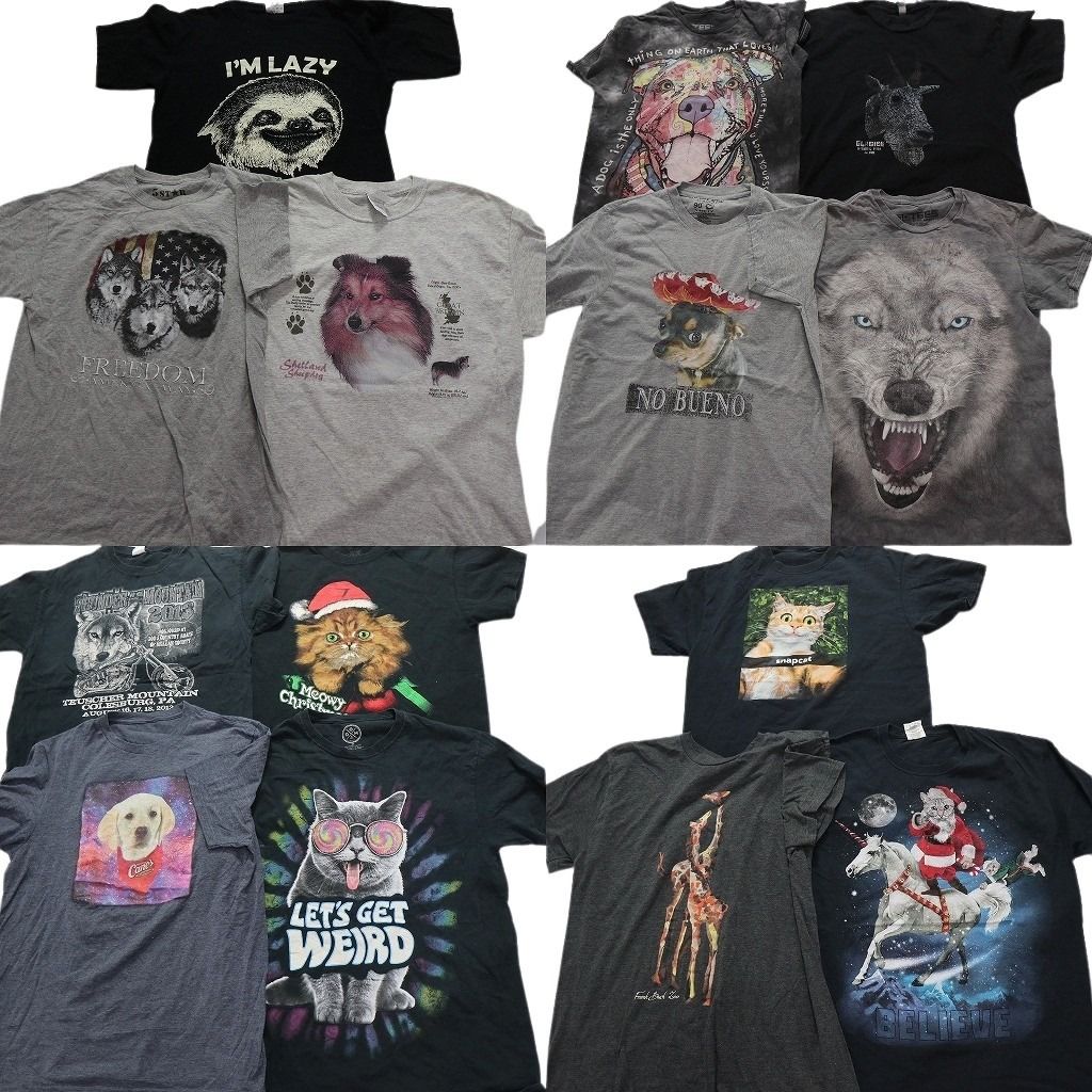 古着卸 まとめ売り アニマル 動物 半袖Tシャツ 14枚セット (メンズ S /M /L ) 犬 星条旗 ネコ キリン 乗り物 ナマケモノ 中古 古着 MY0111