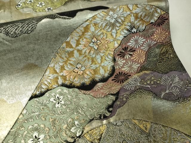平和屋着物▽六通柄袋帯 遠山更紗文 模様絵箔 金銀糸 正絹 逸品