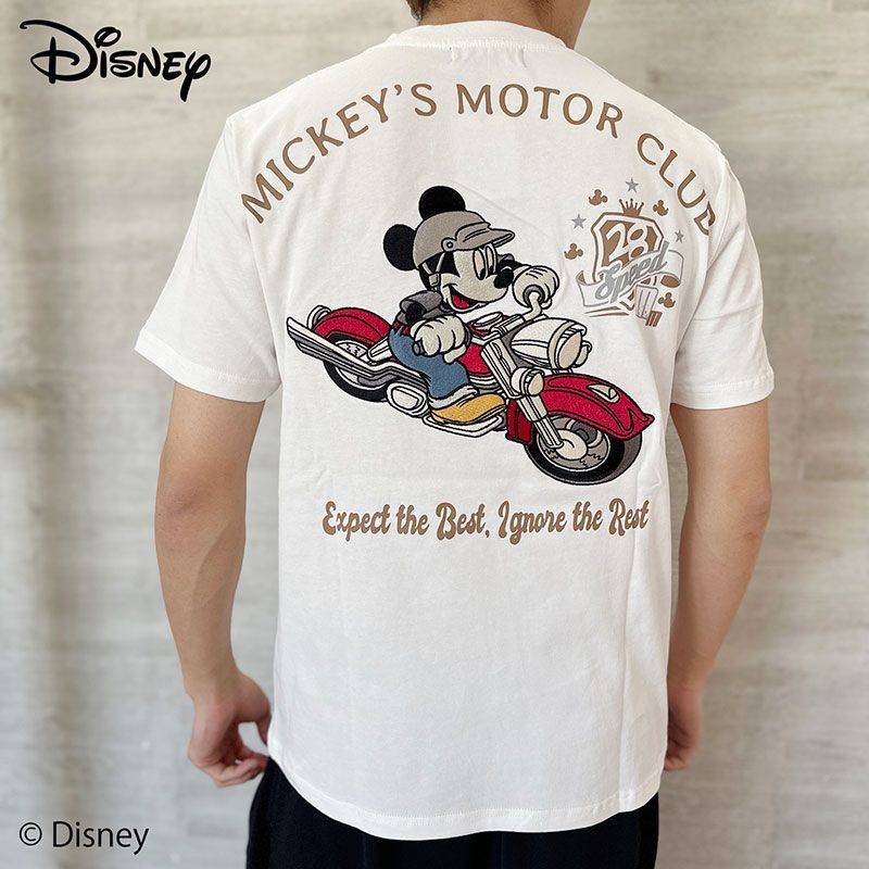 フラッグスタッフ ミッキーマウス 刺繍半袖Tシャツ 442501 Mickey Mouse わんわん洋品店 バイク #10 WHITE 白 M L XL XXL