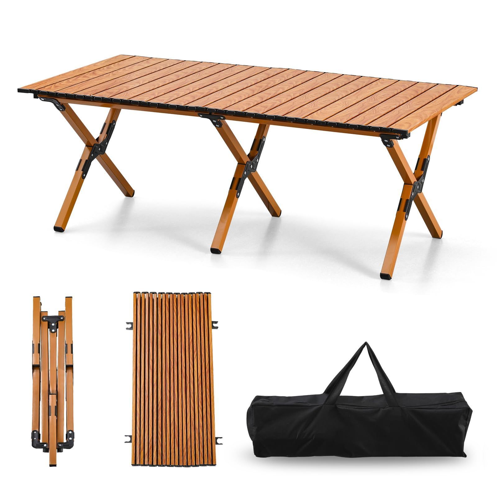 TAO ONE アウトドアテーブル 120x60x44cm キャンプテーブル アルミ ロールテーブル 折りたたみテーブル 持ち運び テーブル 軽量 コンパクト 屋外 食卓 BBQ イベント用 木目