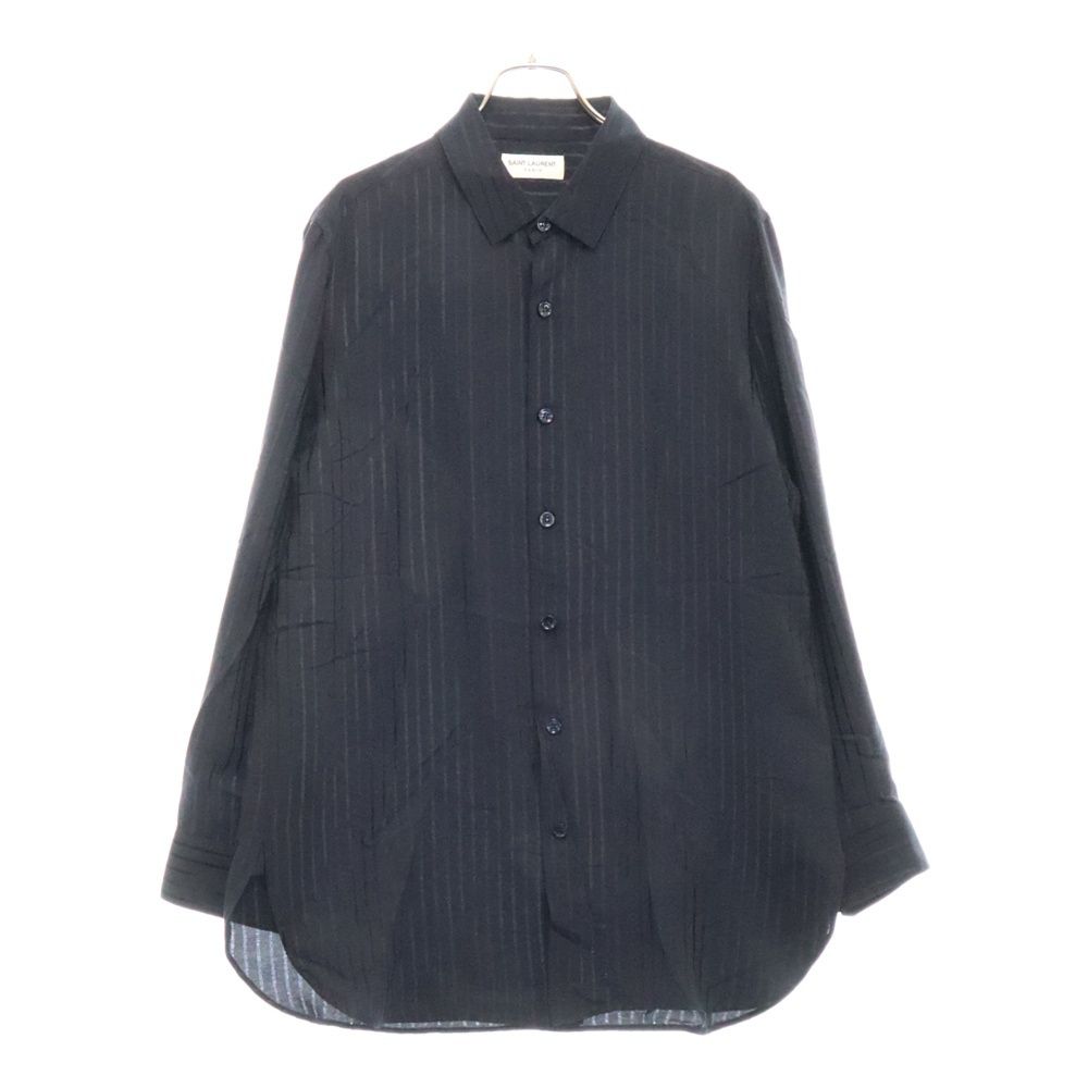SAINT LAURENT PARIS (サンローランパリ) 21AW ストライプ シルク ロングスリーブ 長袖シャツ ネイビー 653860 Y2G62