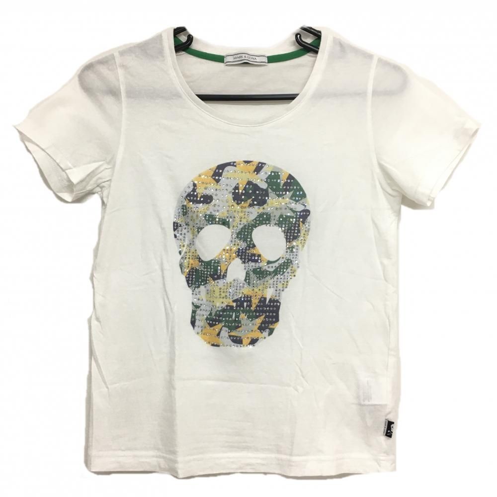 マークアンドロナ 半袖Tシャツ 白×イエロー×グリーン 星柄スカル コットン100％ ラインストーン レディース M ゴルフウェア MARK＆LONA