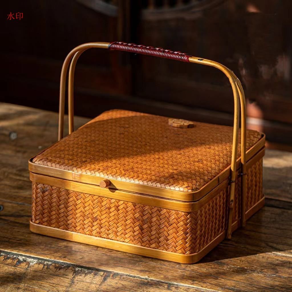 実用 竹編煎茶籠 和風 竹編収納 茶箱 収納ボックス 漆器 茶器 茶道具