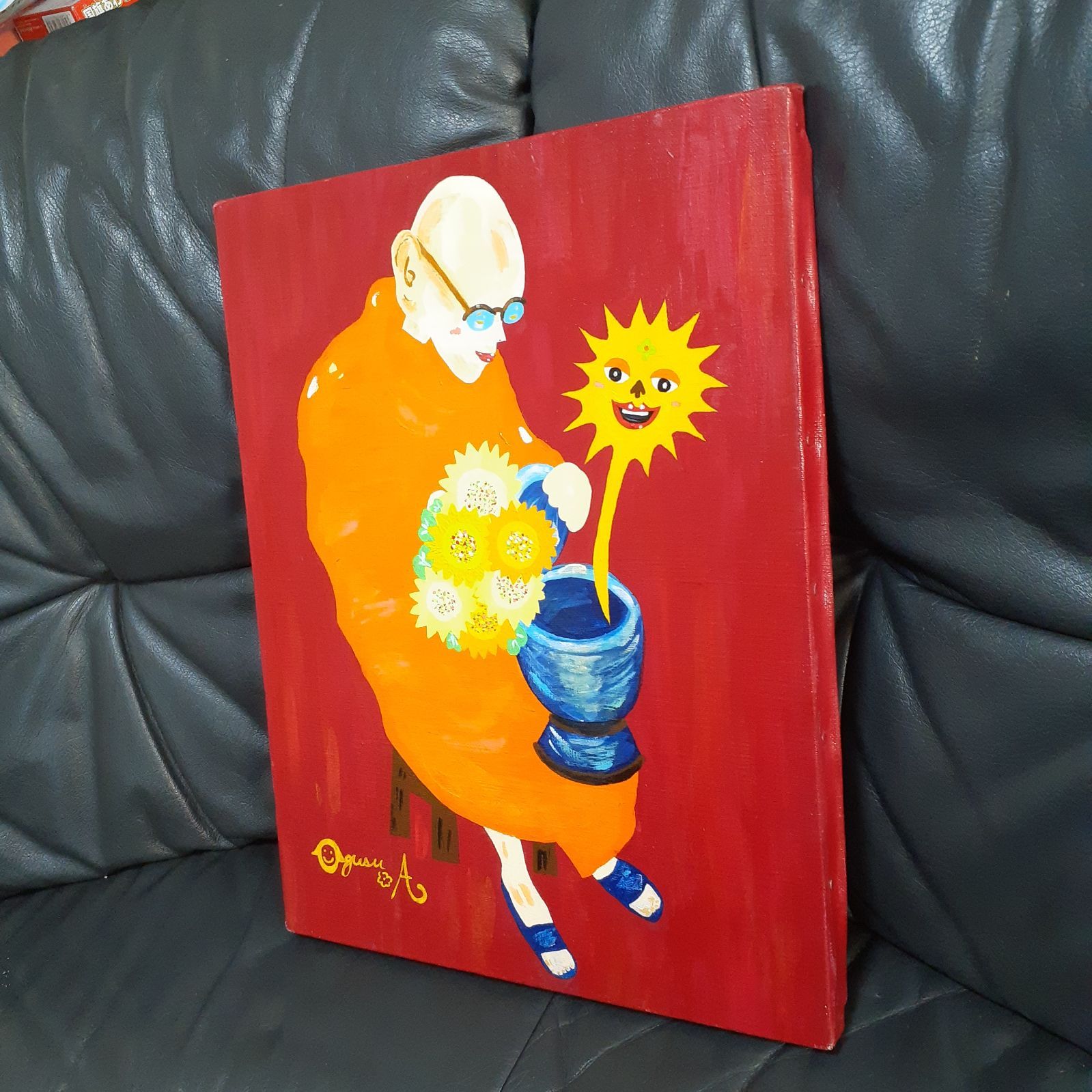 坊主とひまわり ハッピーMONC 画家小楠アキコ作品 F6号 - ハッピー太陽