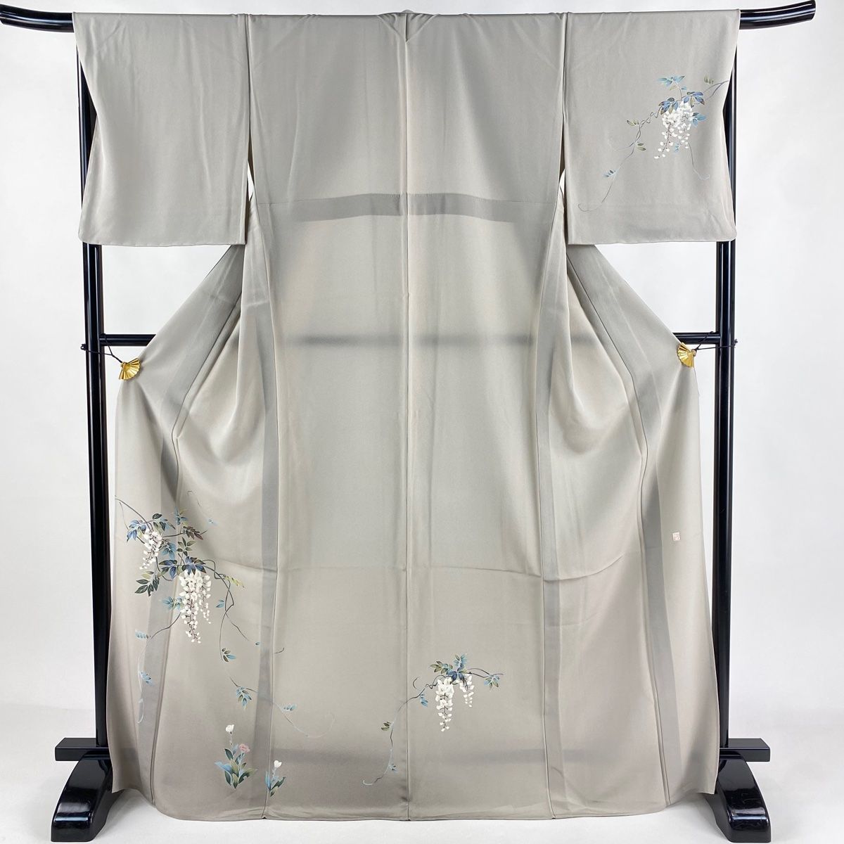 付下げ 身丈171cm 裄丈68.5cm L 単衣 落款 藤 草花 灰色 正絹 秀品