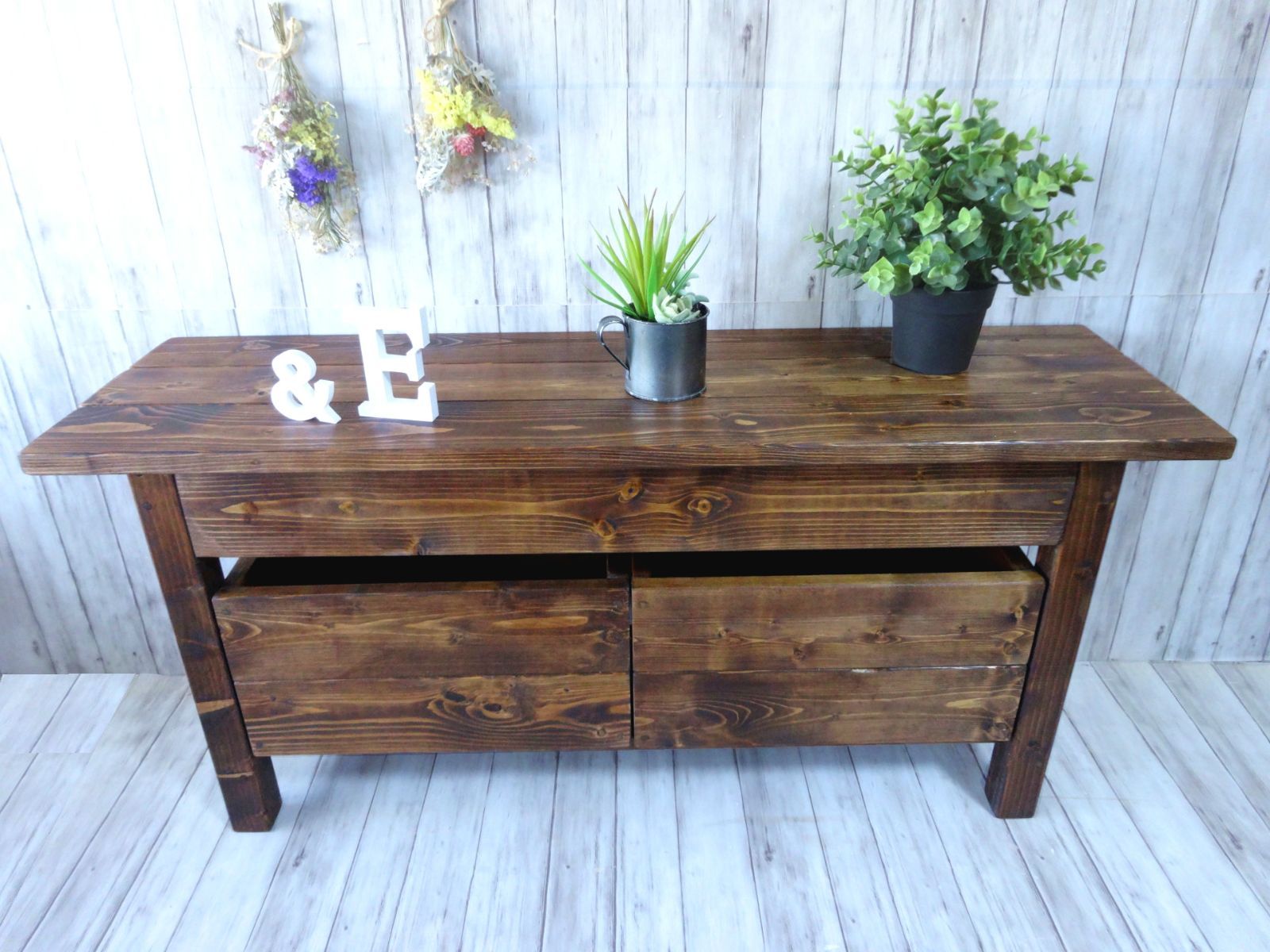 ハンドメイド 2人掛けベンチ 収納ボックス ダークチーク色