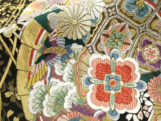 平和屋着物○六通柄袋帯 唐織 扇重ね 黒地 金銀糸 正絹 逸品