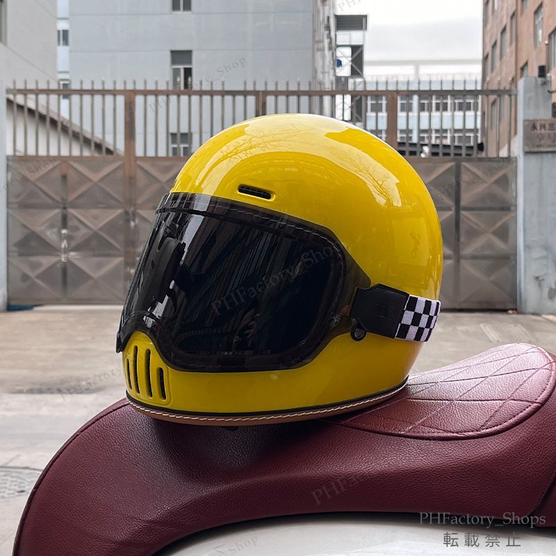 レトロヘルメット クラシック フルフェイスヘルメット ゴーグルが付き バイクヘルメット DOT認定 耐久性 安全性 通気性 男女兼用 イエロー A176
