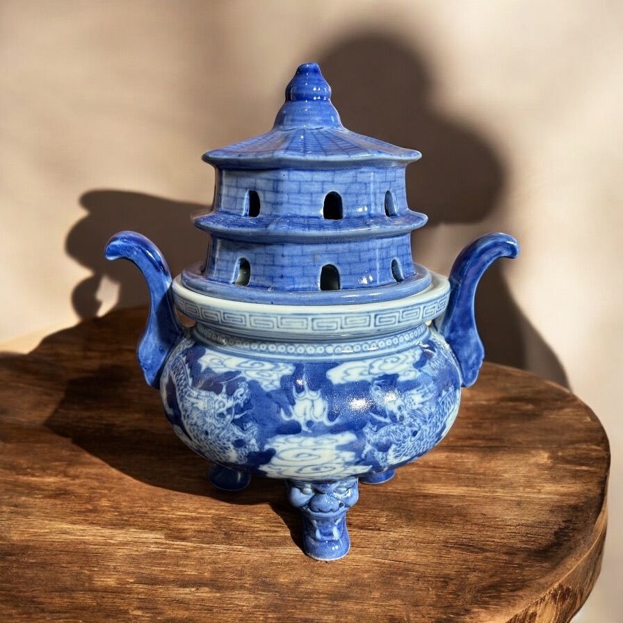 染付 龍 三足 香炉 香道具 美術品 インテリア 置物 陶器 中国 時代物