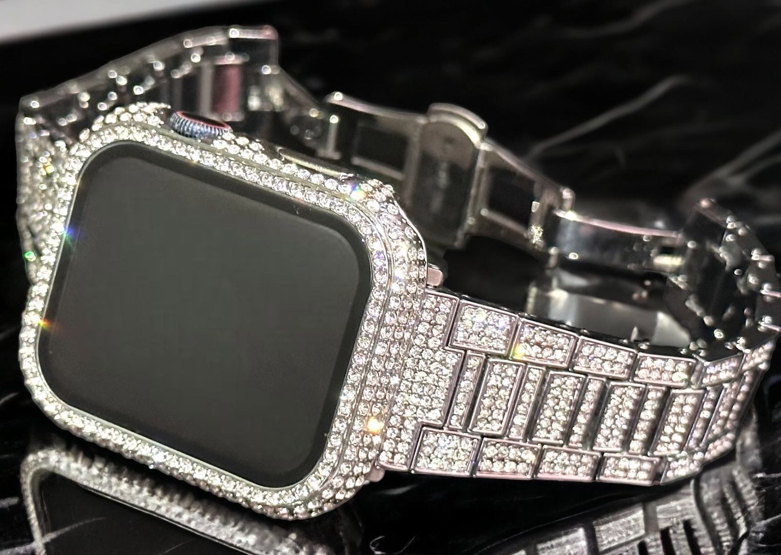 シルバー Apple Watchバンド ステンレスベルト アップルウォッチ画面保護カバー パヴェglassケース キラキラ クリスタル 40mm41mm44mm45mm49mm ultra ウルトラ series11 42mm 46mm