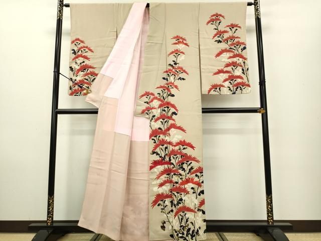 平和屋着物○アンティーク 大正ロマン 訪問着 刺繍 横菊 金彩 正絹  