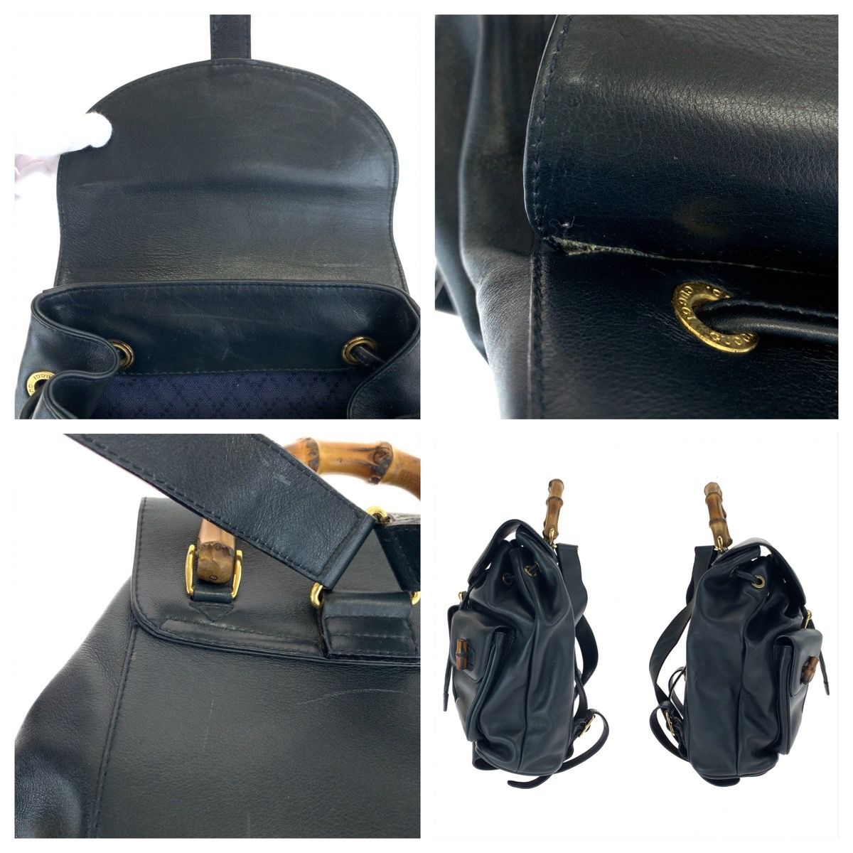 美品】GUCCI リュック バンブー レザー ゴールド 金具 黒 ターンロック 