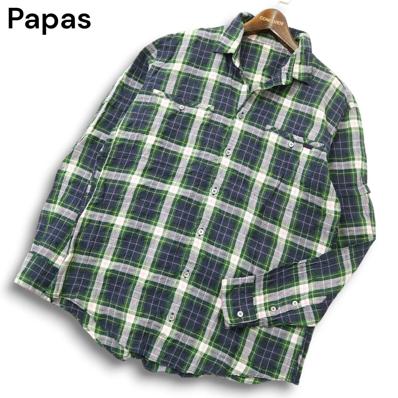 PAPAS パパス 長袖シャツ リネン100% 麻 刺繍 グリーン 46 S PAPAS パパス 長袖シャツ リネン100% 麻 刺繍 グリーン 46 S