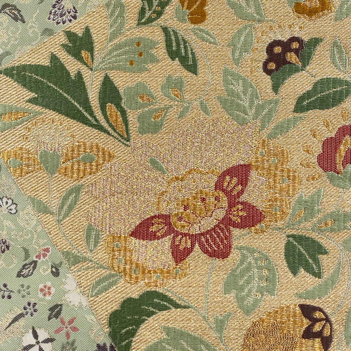 ZF-1134 袋帯 花唐草 金糸 薄紫 正絹 六通 お洒落 袋帯 秀品 華文 花唐草 金銀糸 箔 銀色 六通 正絹｜中古・古着