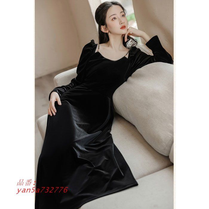 長袖ロングベロアワンピース 黒