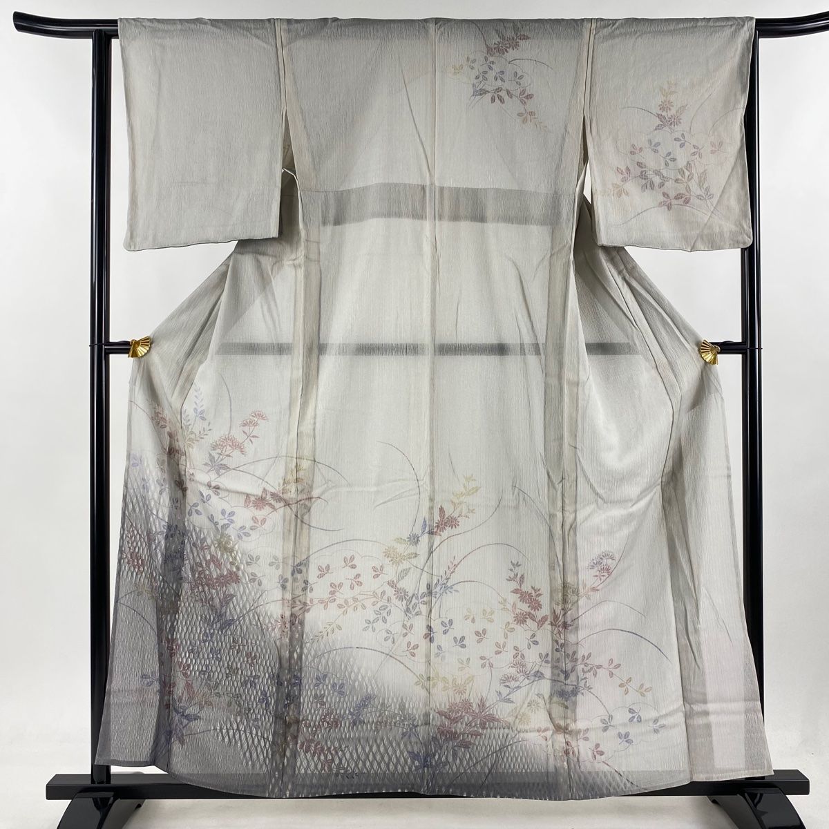 訪問着 身丈159.5cm 裄丈63.5cm S 薄物 絽 秋草 銀糸 灰色 正絹 名品