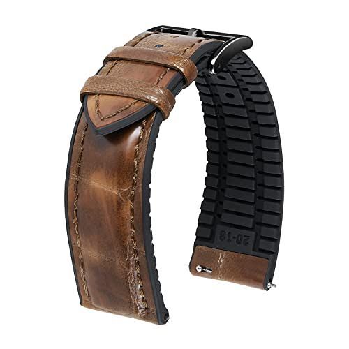 ライトブラウン/ブラック バックル_19mm [BINLUN] 革時計ベルト クイックリリース レザー腕時計バンド ワニ革模様ウォッチバンド 内側シリコン製 通気性 交換ベルト 男女兼用 19mm（ライトブラ