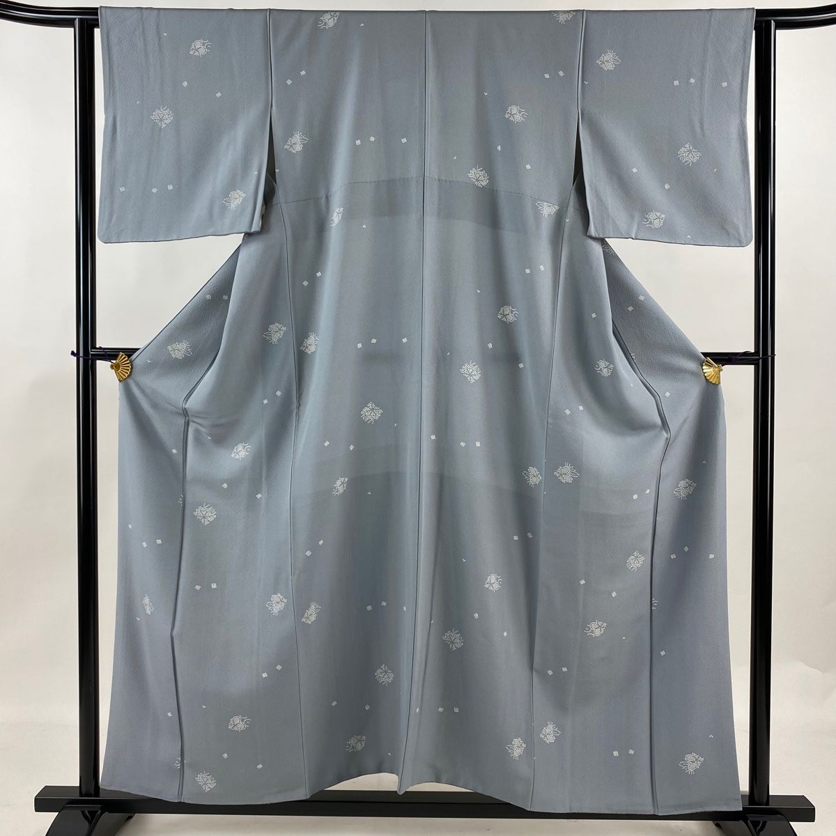 小紋 身丈162cm 裄丈64cm M 袷 落款あり 幾何学 地紋 青灰色 正絹 美品  