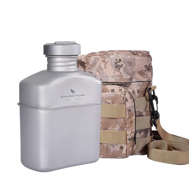 Boundless Voyage チタン ミリタリーキャンティーンボトル 1100ml 大容量 チタン 水筒 ボトル 軽量 錆びにくい アウトドア キャンプボトル バッグ付き キャンティーン 単品 T