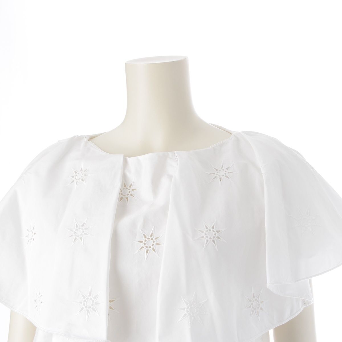 クロエ 23年 ラッフル アングレーズ イギリス刺繍 ブラウス 半袖 トップス ホワイト 36 CAMPINGPARCCENTRAL_COM