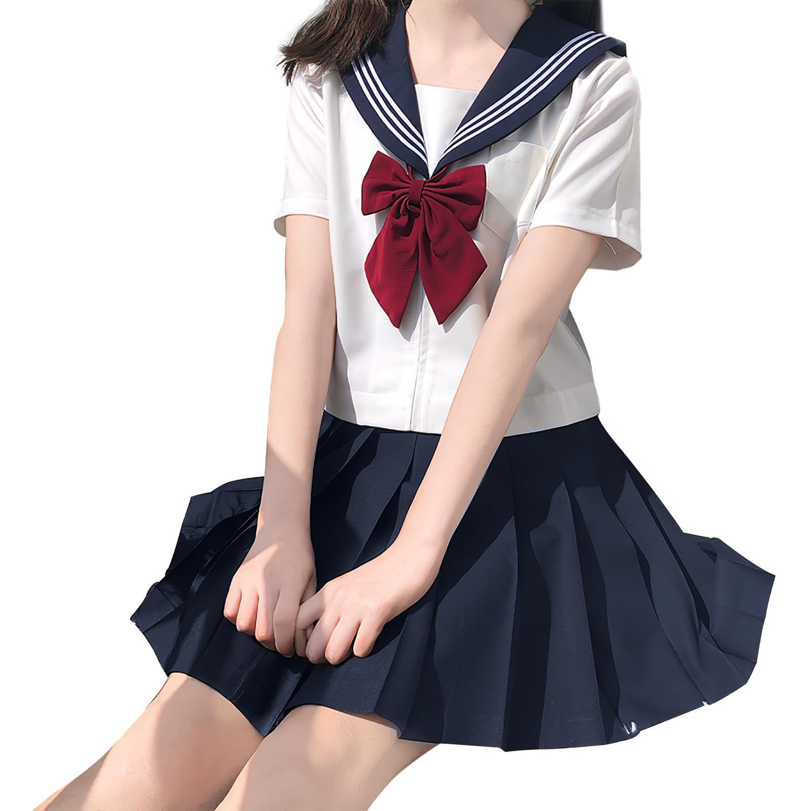 新品 [HTPARY] セーラー服 本格制服 フルセット 蝶結び 3点セット 半袖セーラー コスプレ 制服 JK スカ―ト かわいい 女性 学生服 仮装 JK スカート 可愛い プレゼント 紺色の襟 赤いリボン ネイビー 仮装 女性用 レディース 仮装 コスチ