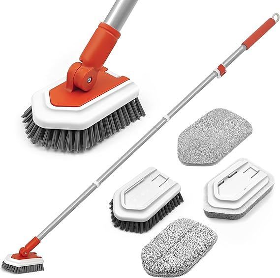 【在庫処分】JEHONN デッキブラシ掃除用ブラシ伸縮ロング106-130cm，浴室の浴槽の流しの床の壁のための4つの異なったお風呂掃除 ブラシの頭部
