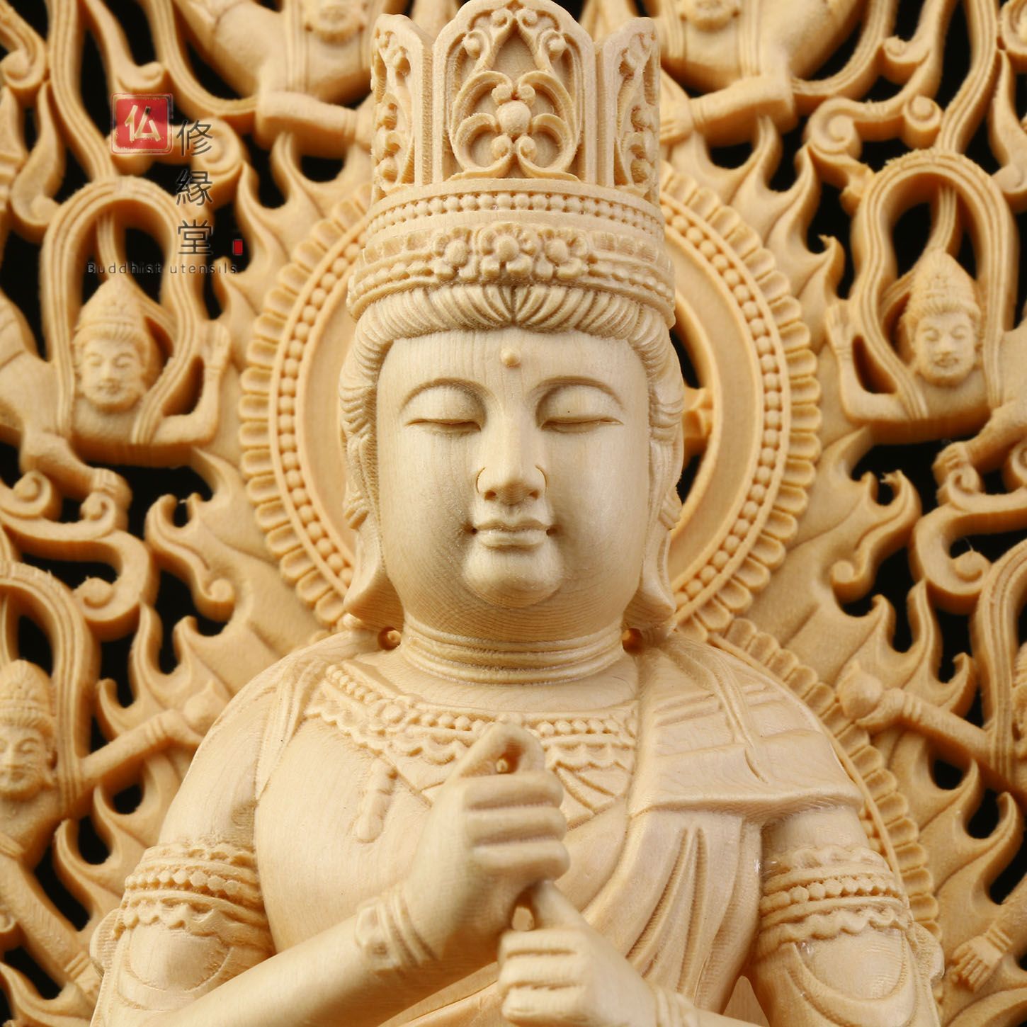 修縁堂】木彫り 仏像 大日如来座像 飛天光背 彫刻 一刀彫 天然木檜材 