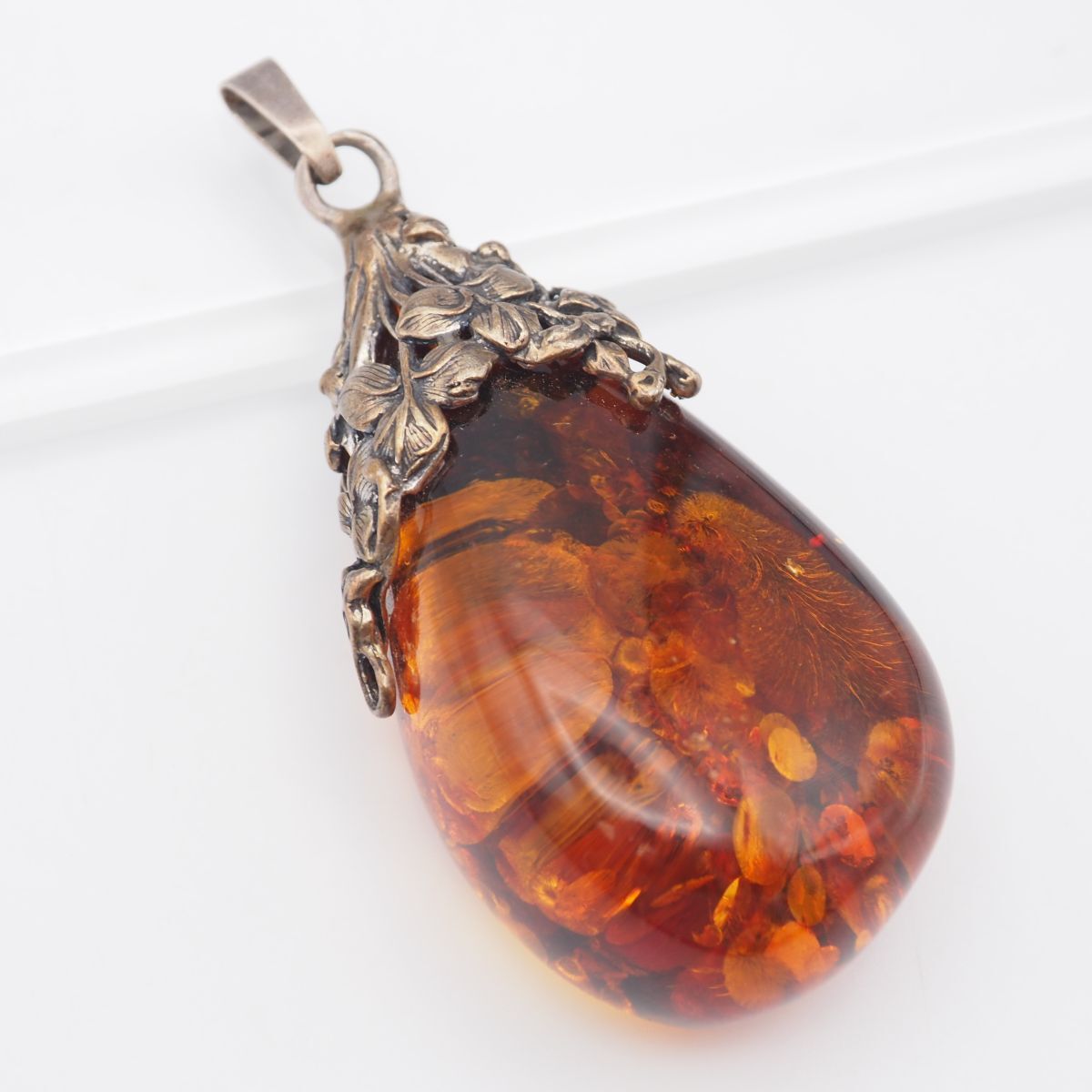 G522 特大 琥珀 コハク アンバー 925刻印 ペンダント トップ デザイン シルバー チャーム ヘッド ヴィンテージ