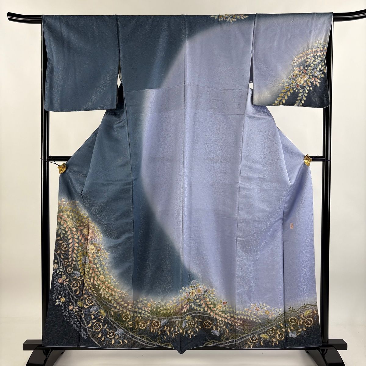 訪問着 身丈159cm 裄丈65.5cm M 袷 翠山工房 落款 辻が花 金通し 青灰色 正絹