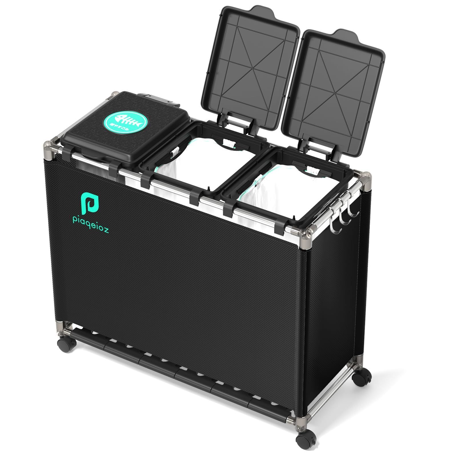 ゴミ袋ホルダー 3分別*30L ゴミ箱 ふた付き レジ袋を隠すゴミ袋スタンド 90L大容量 キャスター付きダストボックス 目隠しダストワゴン ステンレス製 おしゃれ 黒