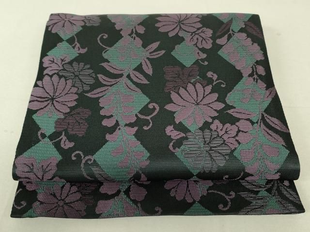 平和屋着物○西陣 川島織物 六通柄袋帯 草花菱間道 黒地 未使用