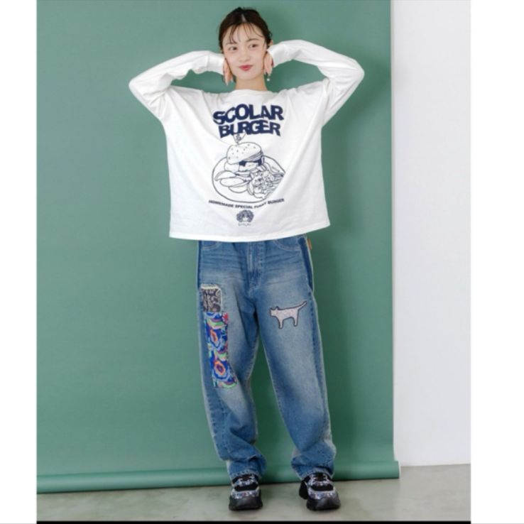 Scolar 綿×レース異素材アップリケデニムパンツ