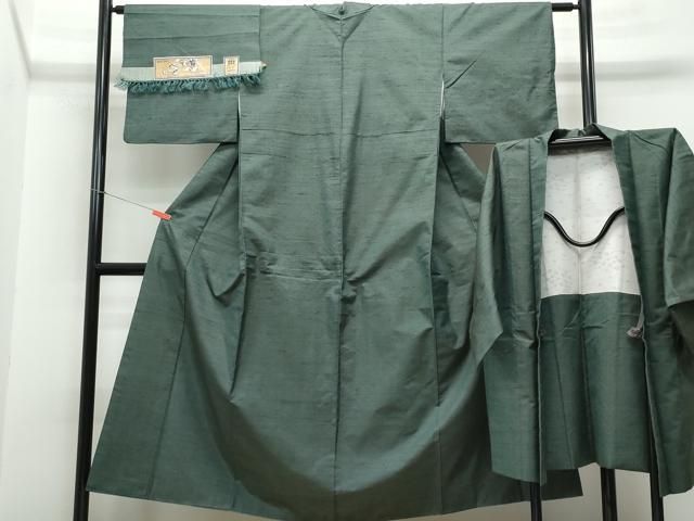 平和屋着物●上田紬　アンサンブル　黒緑色　証紙付き　正絹　逸品　CAAS8648vf 平和屋着物○上田紬 アンサンブル 黒緑色 証紙付き 正絹 逸品