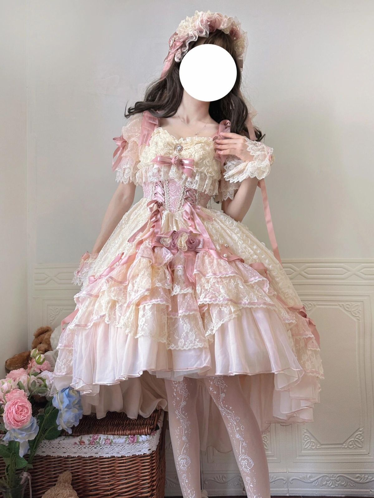 ロリータワンピース lolitaドレス 洋服 5点セット ワンピース＋ベール ヘアクリップ アームカバー トレーン 少女風 ふんわり レース＆リボン装飾 コスプレ
