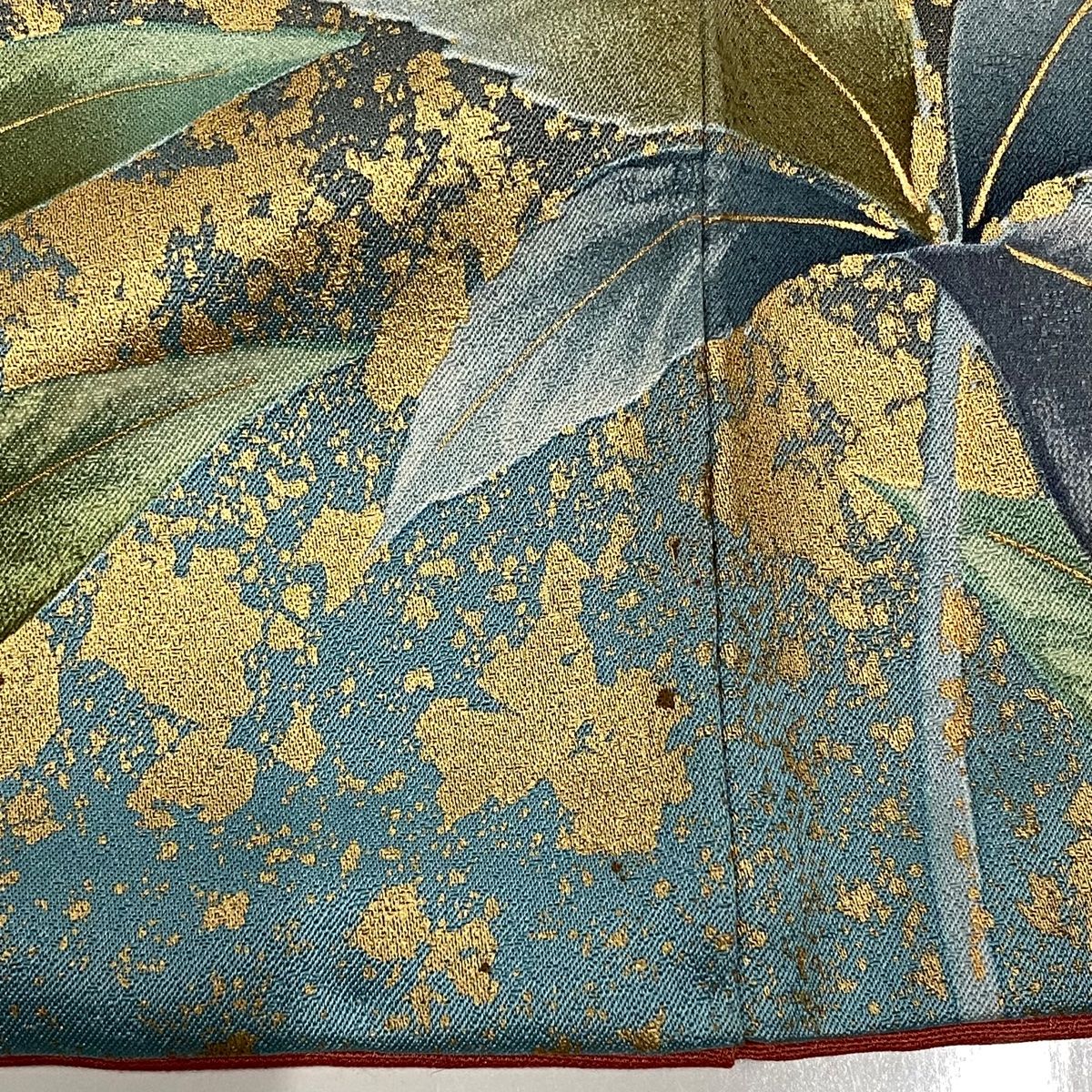 振袖 身丈161cm 裄丈68cm L 袷 草花 金彩 ぼかし 青緑 正絹 秀品
