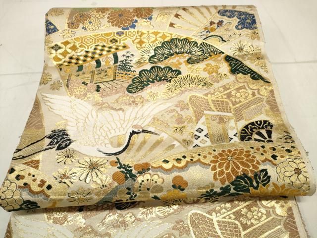 平和屋着物▽アンティーク 大正ロマン 丸帯 帯反物 唐織 扇面飛鶴花文