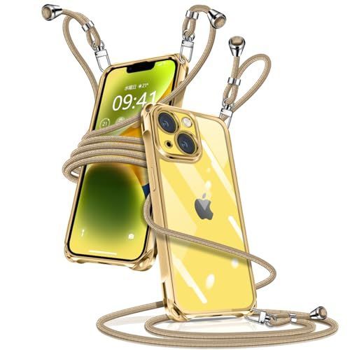 iPhone14 Plus_金 iPhone 14 Plus ケース クリア ショルダー iPhone14plus スマホケース アイフォン14plus カバー 肩掛け 斜めかけ 縄掛けケース 透明 薄型 軽量 TPU 携帯ケース 紐付き 斜めがけ 織りストラ