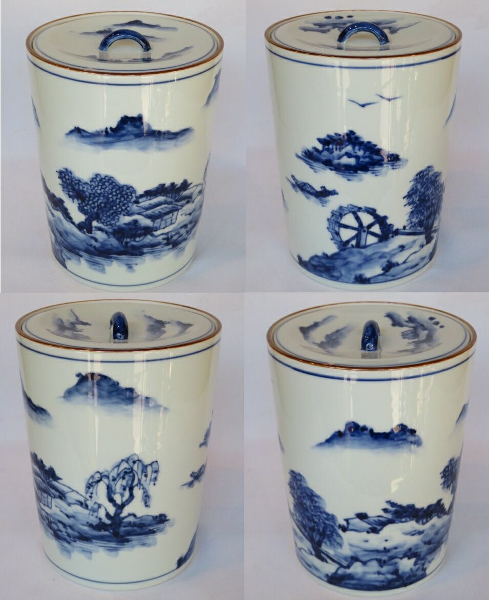 九月◇特売品）伏見桃山窯 手塚桃峰作 染付山水 細水指 茶道具