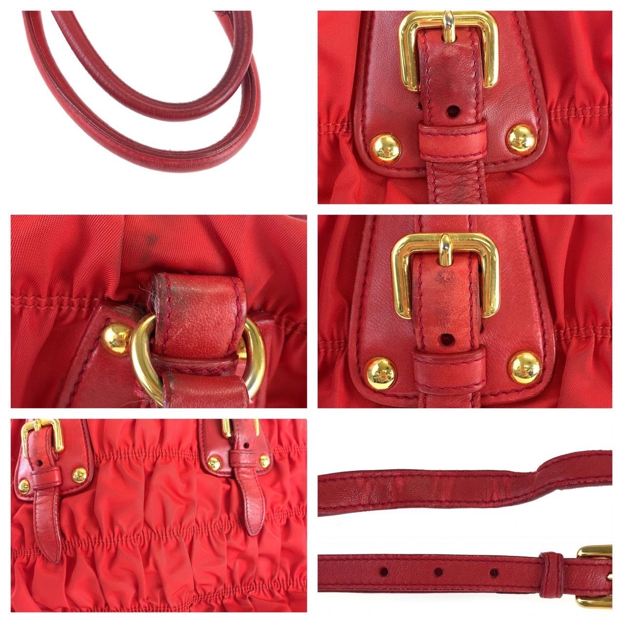 美品 PRADA プラダ テスート ゴーフル ギャザー レッド 赤 ゴールド 