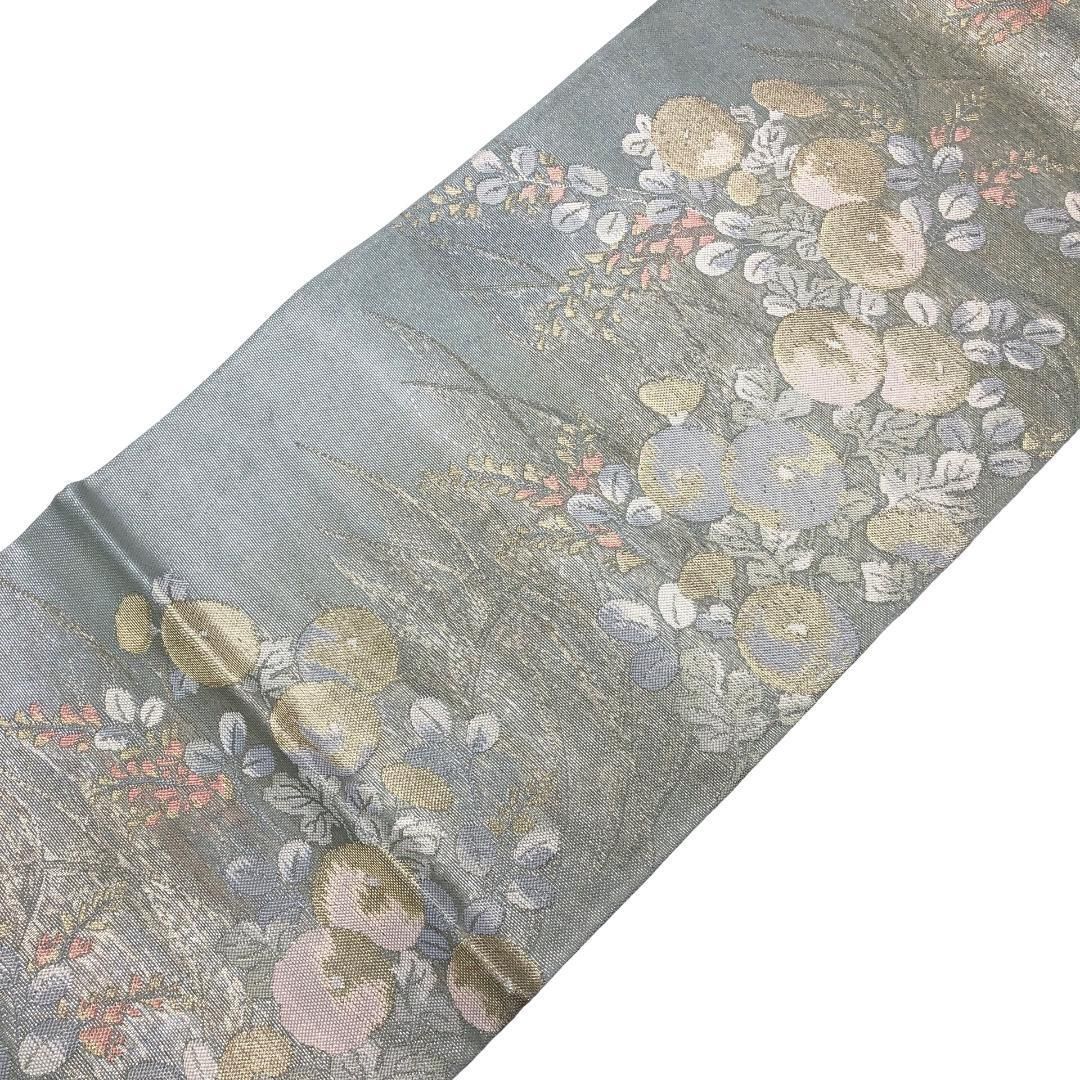 ☆504mn101☆夏帯 名古屋帯 紗 やや長尺 銀糸 菊 萩 ベージュ☆美品 ☆【最終値下げ】505mn9☆夏帯 名古屋帯 絽 唐織 金銀糸 桔梗
