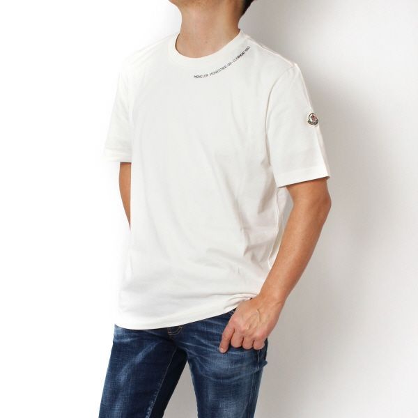 MONCLER ホワイト Vネック Tシャツ 25SSモデル モンクレール MONCLER ネックライン ロゴレタリング