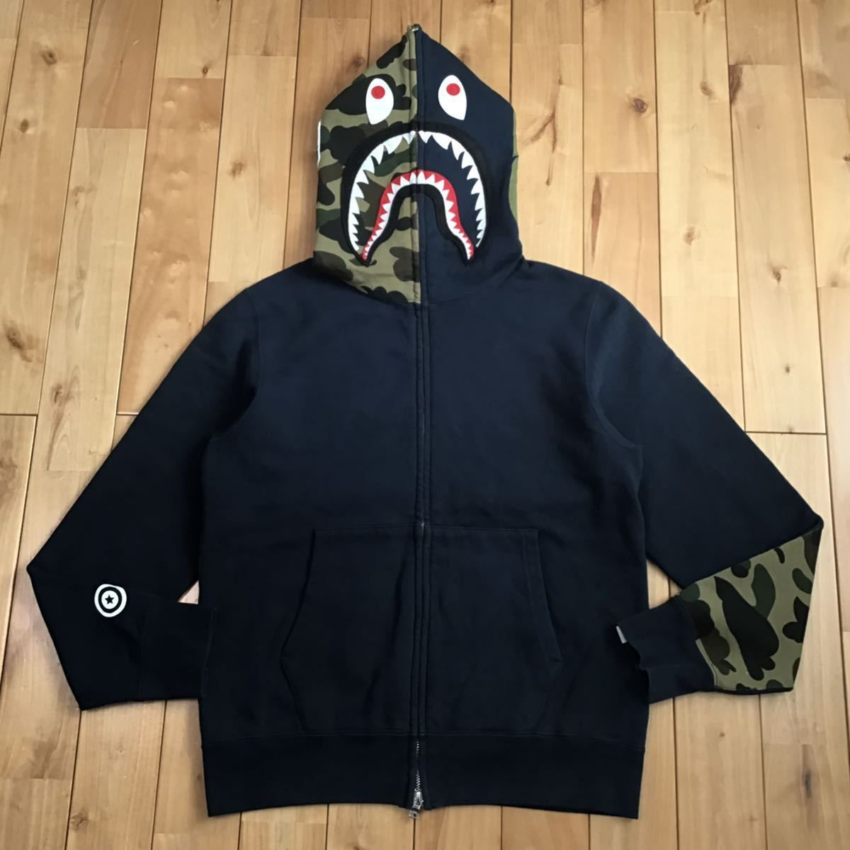 1st camo green × NAVY Blue camo 袖切り替え シャーク パーカー M 